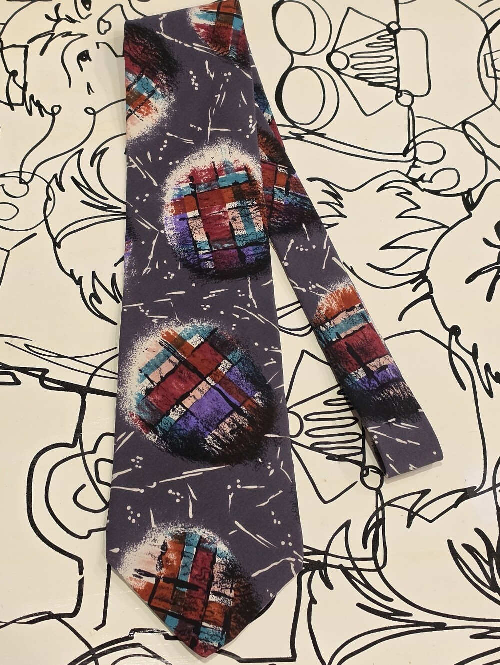 Vtg L'Atelier Silk Tie Abstract Graphic Art Pattern Grey Multicolor Made in USA